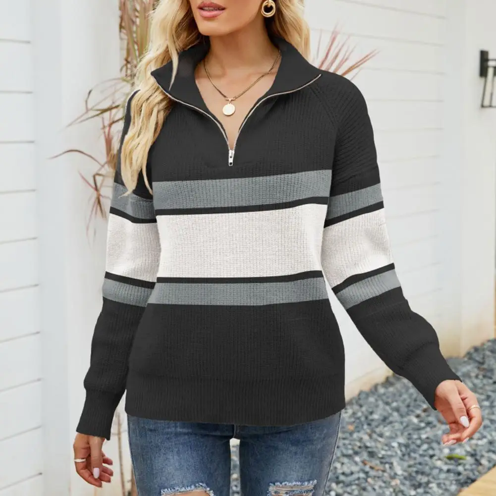 

Свитер женский вязаный эластичный на молнии с отворотом и длинными рукавами