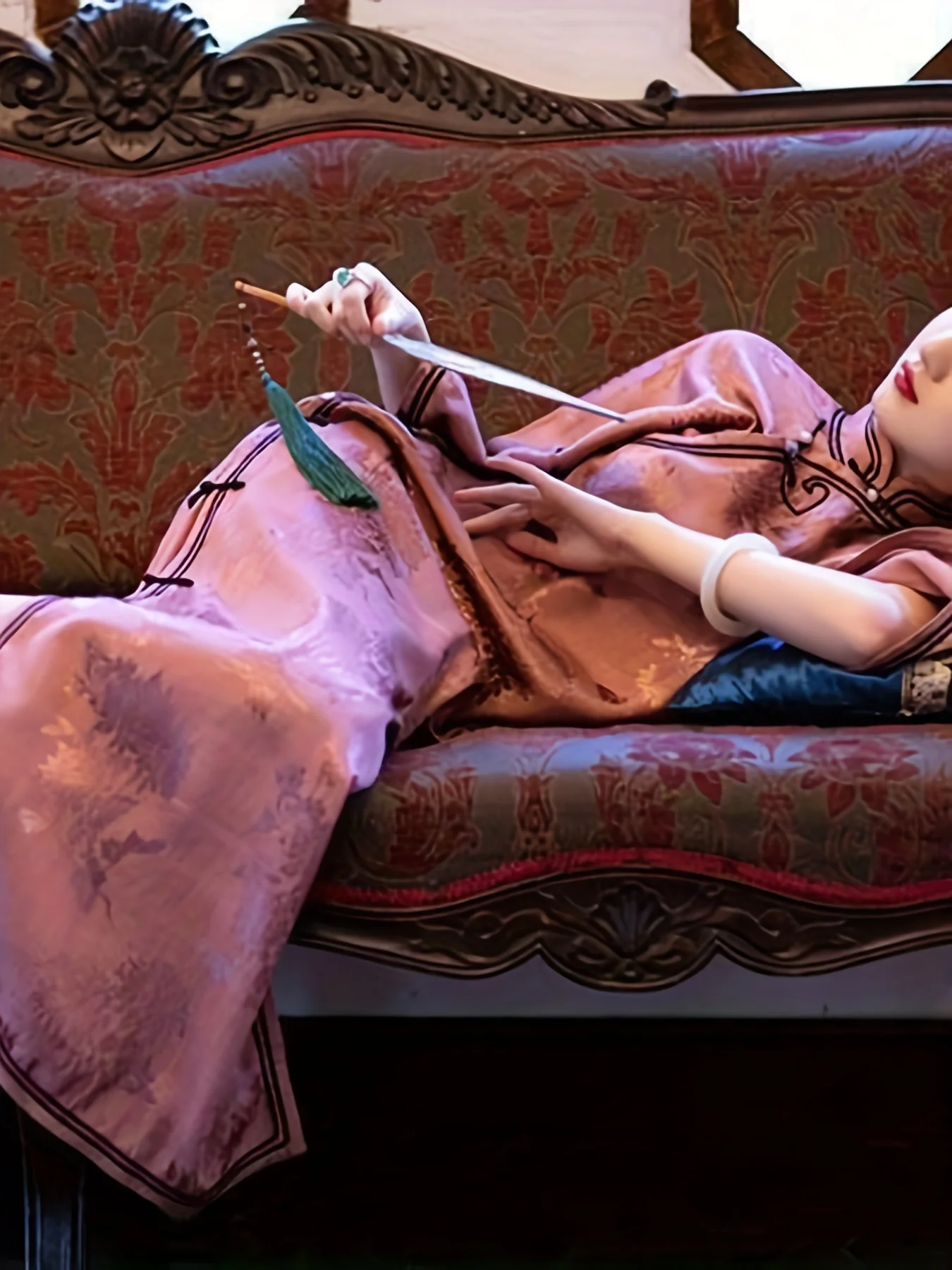 Китайское винтажное платье-Ципао с контрастной отделкой рукавом три четверти и