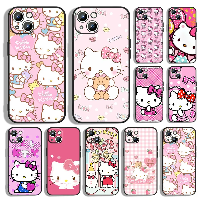 Anime Girl Hello Kitty Phone Case For Apple iPhone 14 13 12 11 Pro Max mini XS XR X 8 7 6S 6 Plus Black Soft Funda Back Cover