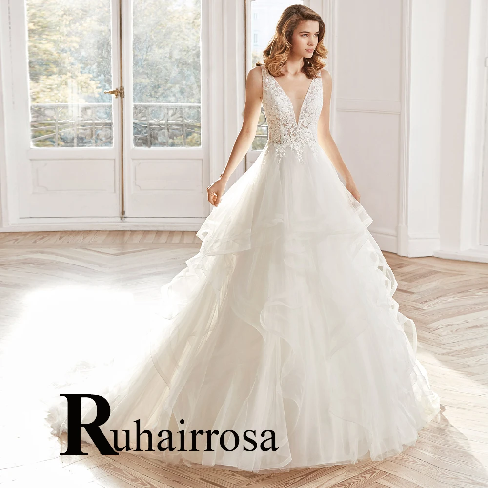 

Ruhair Attractive Beads V-Neck Backless Tiered Tulle Wedding Dresses For Women Appliques Lace Robe De Mariée Formal Brides Gown