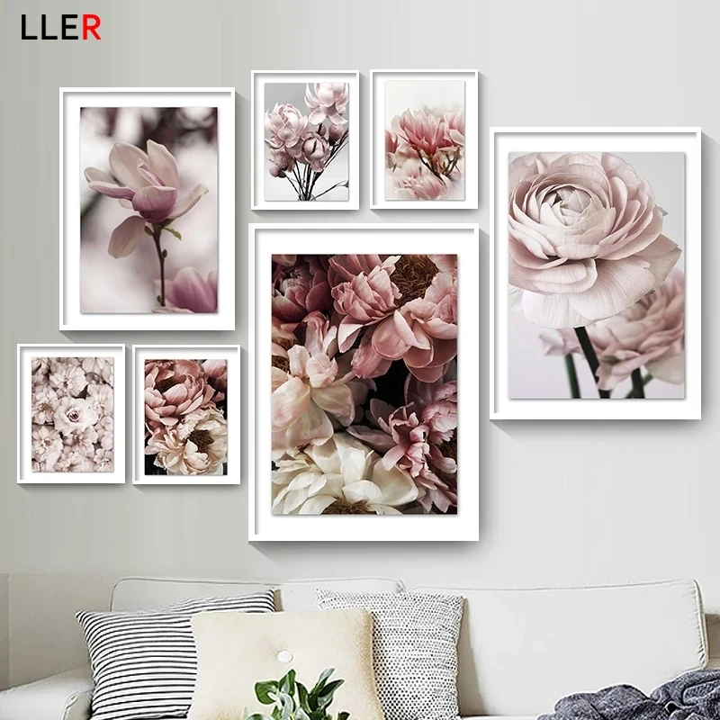 Розовая Роза Пион цветущий персик Магнолия настенная Картина на холсте