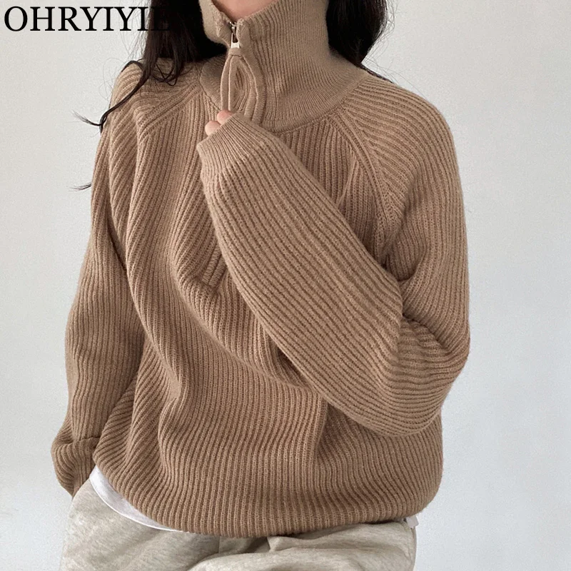 

OHRYIYIE Turtleneck Sweater Women Autumn Winter Thick Pullover Knit Female Full Zipper Loose Knitwear Tops Lady Khaki Sweaters