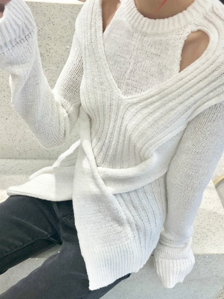 DEAT 2022 New Spring Solid Color Round Collar Hollow Out Pullover Sweater Women Vintage Slim Temperament Split Knit Tops PD714 | Женская