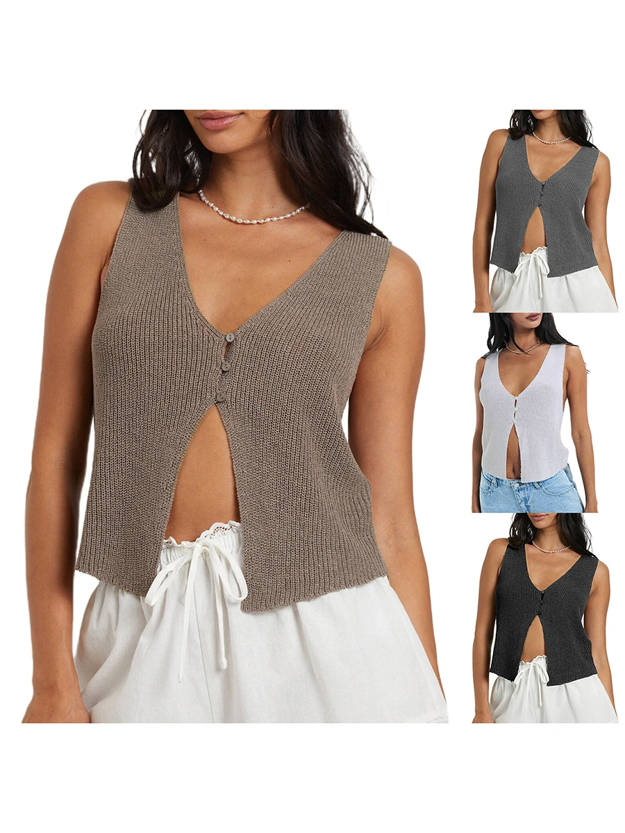 Женская Трикотажная майка без рукавов с глубоким V-образным вырезом однотонный