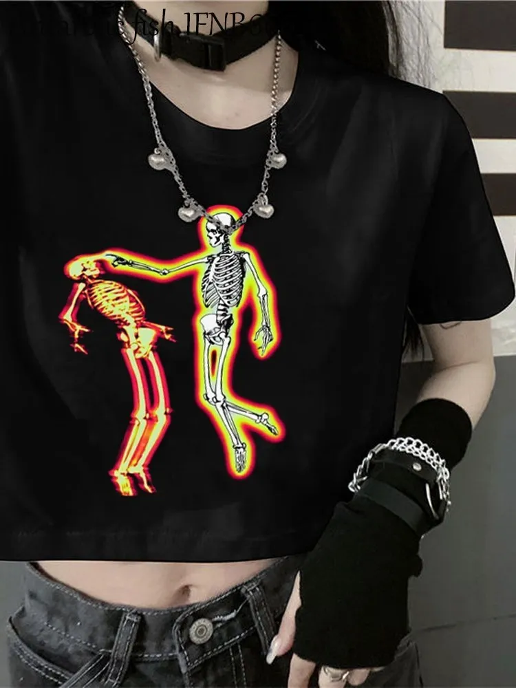 

Gothic Y2k tops skull print top Korean O-neck crop top 90s summer fashion punk casual aesthetic T-shirt vintage aesthetic top