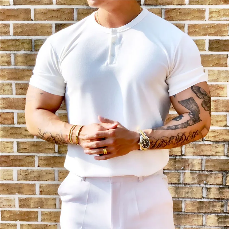 2022 new button collar Man Fashion T-shirt Shirt Casual Plain Color sleeve High Quality Slim Men Fitness homme tee |