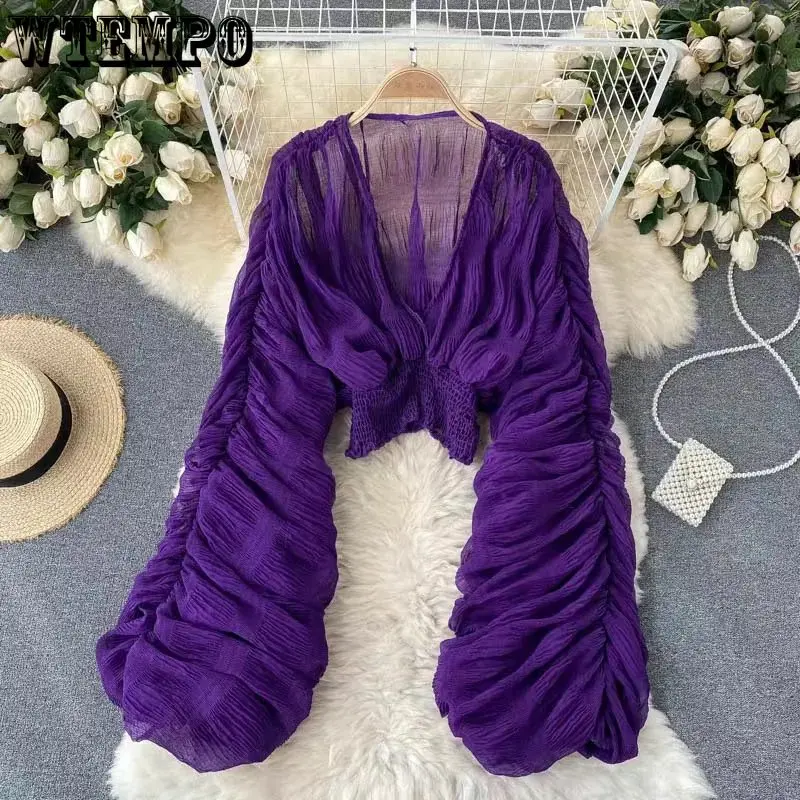 

WTEMPO Summer Fall Sexy Draped Chiffon Blouses for Women Elegant V-Neck Puff Long Sleeve Short Tops Female New Slim Party Shirts