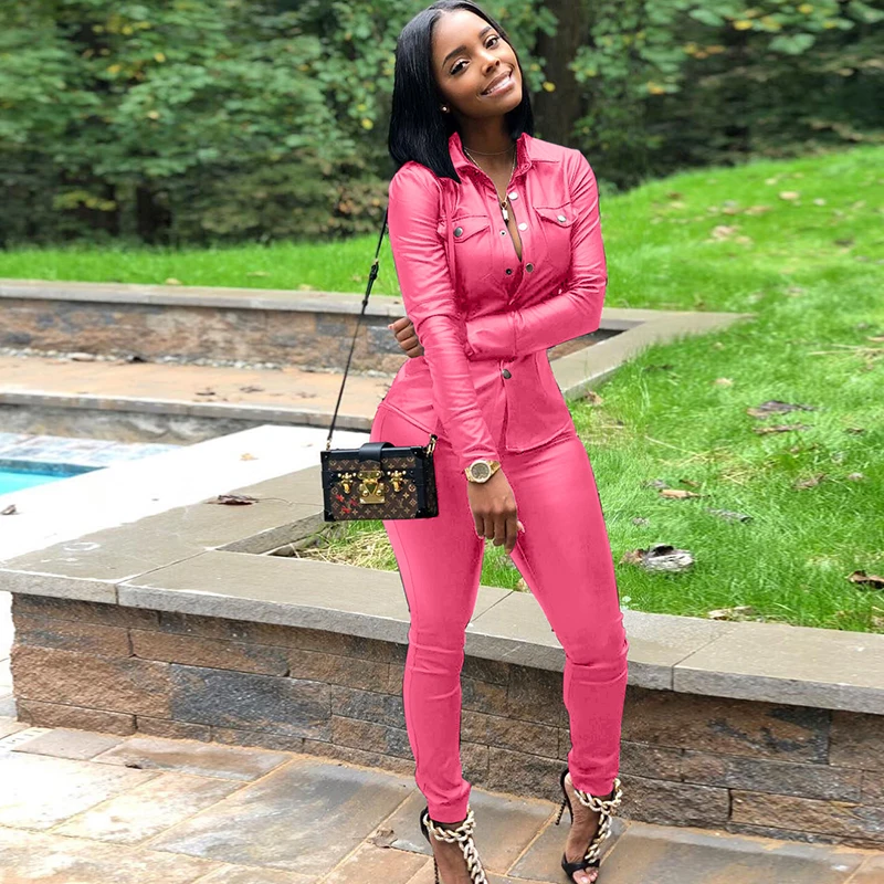 

Fashion women's spring and autumn casual pu leather clothing two-piece suit pink M size only one left