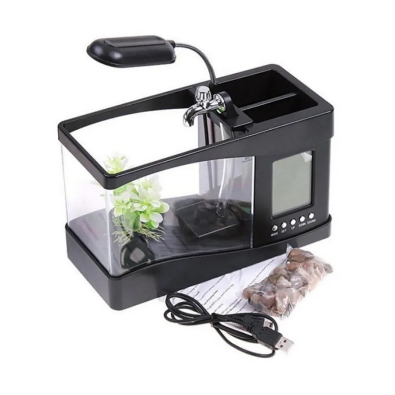 1 4 Исследование Портативный OfficeUSBDesktop Mute Mini Fish Bowl с ручкой Держатель Часы