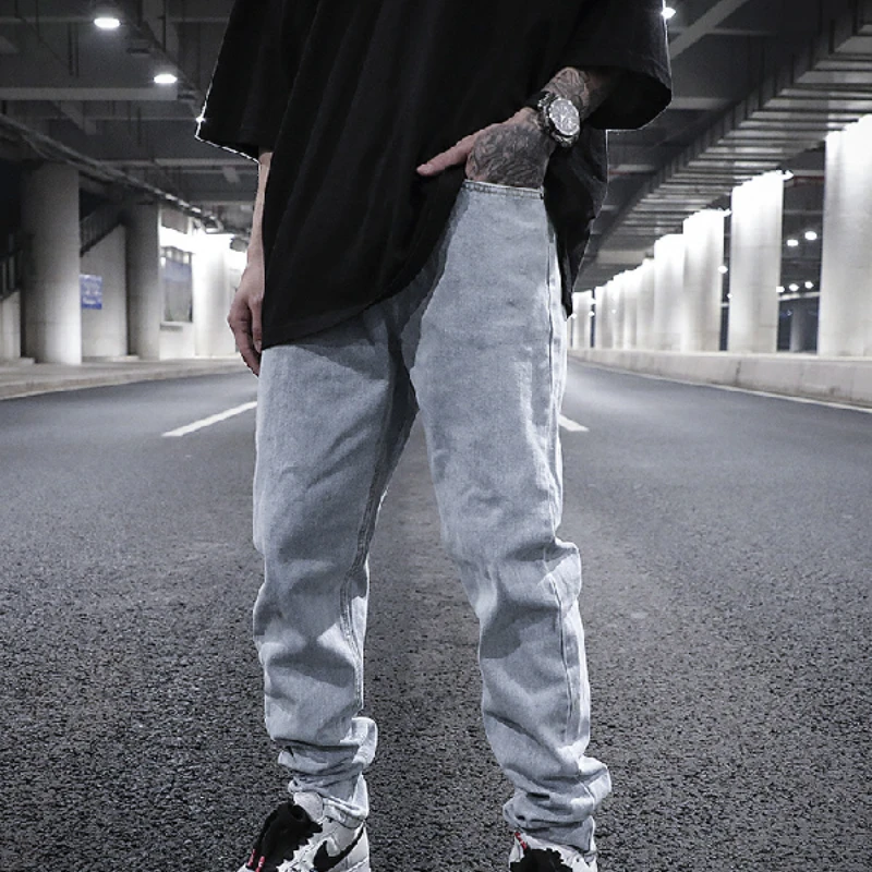 European And American High Street Letters Blue Straight Jeans OnThe Back Of Men's Slim Straight-leg Hip Hop Trousers