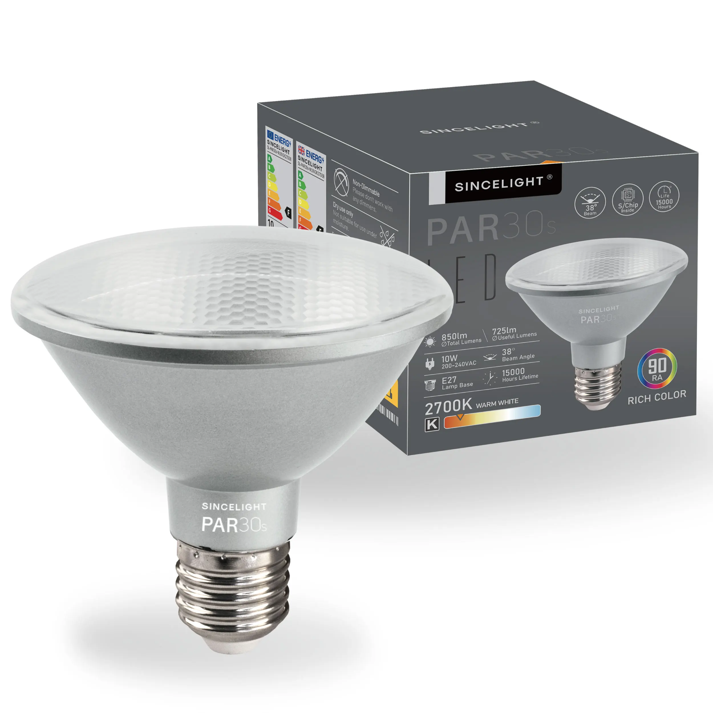 PAR30s LED Light Bulb with E27 Base, with 38° Optical Reflector, 10W, Rich Color RA≈90, 850 Lumens Equivalent to 85W Halogen