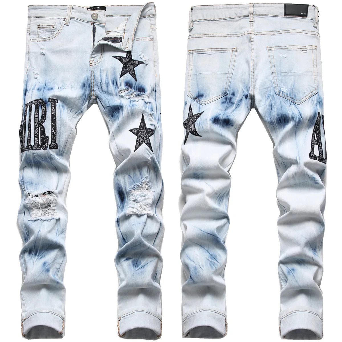 

Men’s Light Luxury Slim-fit Stretch Blue Jeans,Stylish Embroidery Jeans,Hip-hop Street Fashion Hole Ripped Casual Jeans;