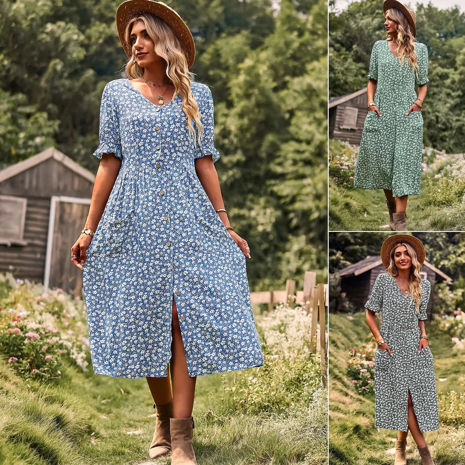 

Women Dresses Summer Fashion V-neck Print Flower Waist Retraction Cardigan Pocket Elegant Temperament Casual Robe Dresss