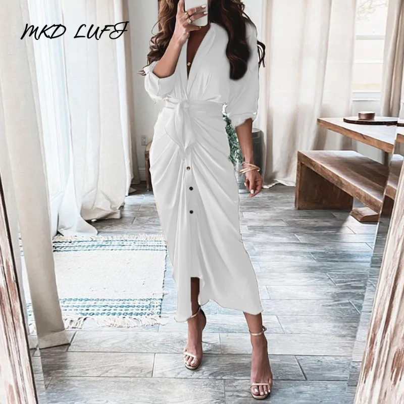 

MKD LUFI однотонное платье-рубашка с длинным рукавом и пуговицами спереди, женское Повседневное платье макси