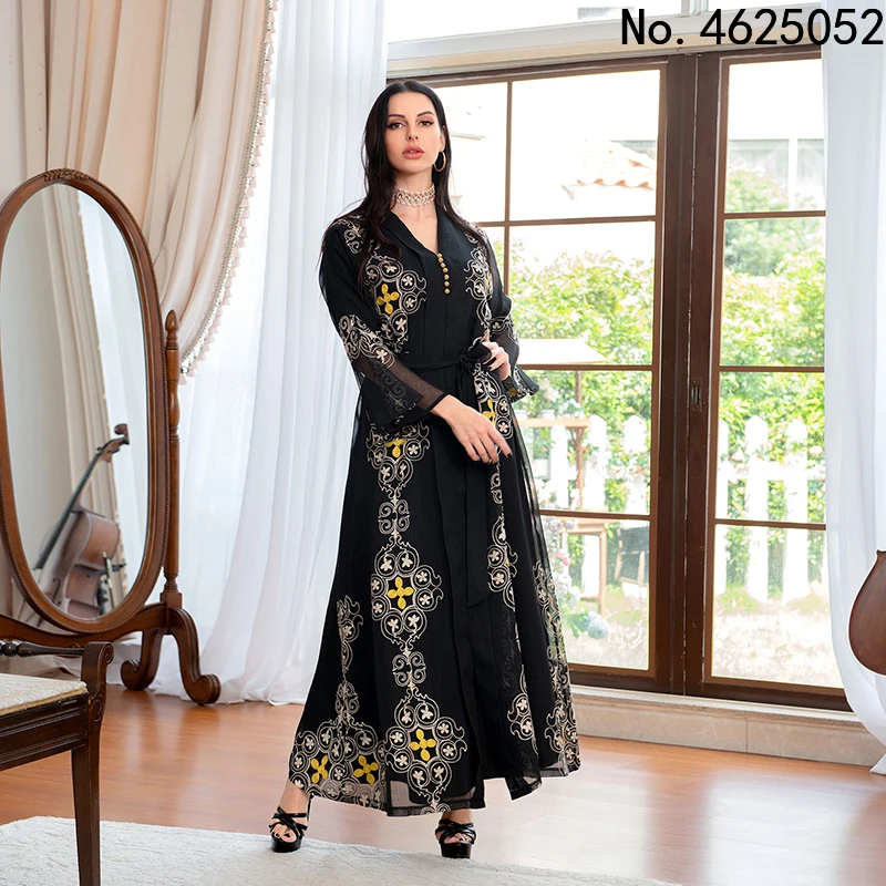 

Fashion Muslim women's embroidery abaya Middle East Dubai temperament mesh long skirt Ramadan Kaftan plus size long skirt