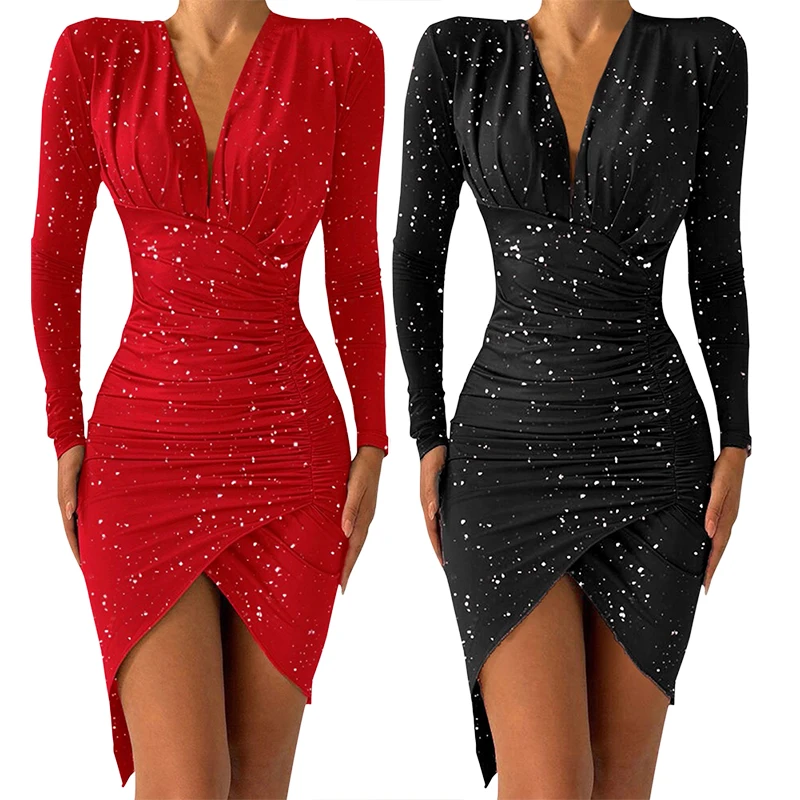 

Ladies Sexy V-Neck Solid Color Hot Stamping Sequins Pleated Irregular Hem Dress Party Dress Velvet Dress Elegant Evening Dress