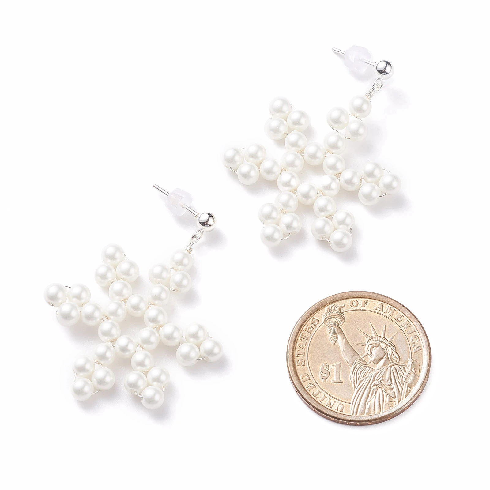 Kissitty 10Pairs White Shell Pearl Braided Snowflake Dangle Stud Earring Stainless Steel Christmas Jewelry for Women Gift