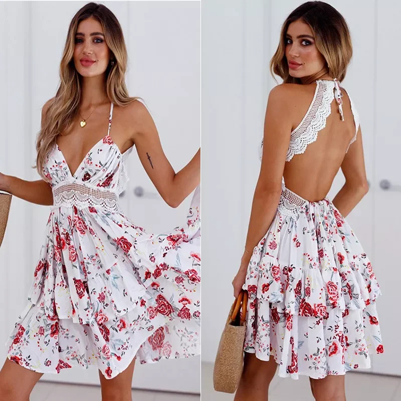 

Sexy Backless Boho Beach Dress Women Summer 2020 Elegant Florl Print Bandage Mini Dress Women Casual Lace Patchwork Party Dress