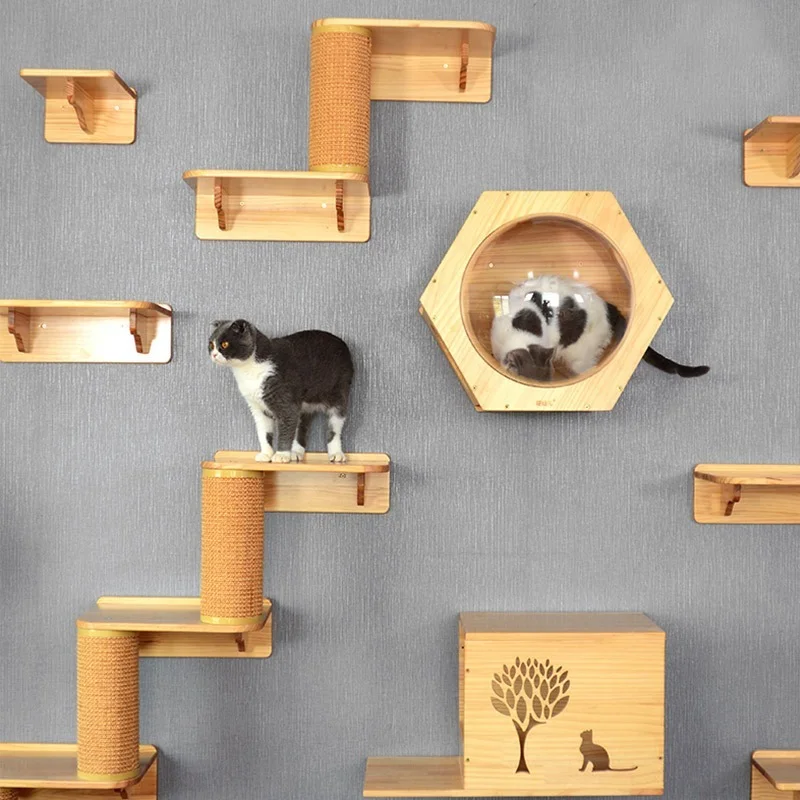 

Wall-Mounted Wooden Activity Tree Bridge Climbing Frame Wall Hanging Furniture House Cat Tree Toy