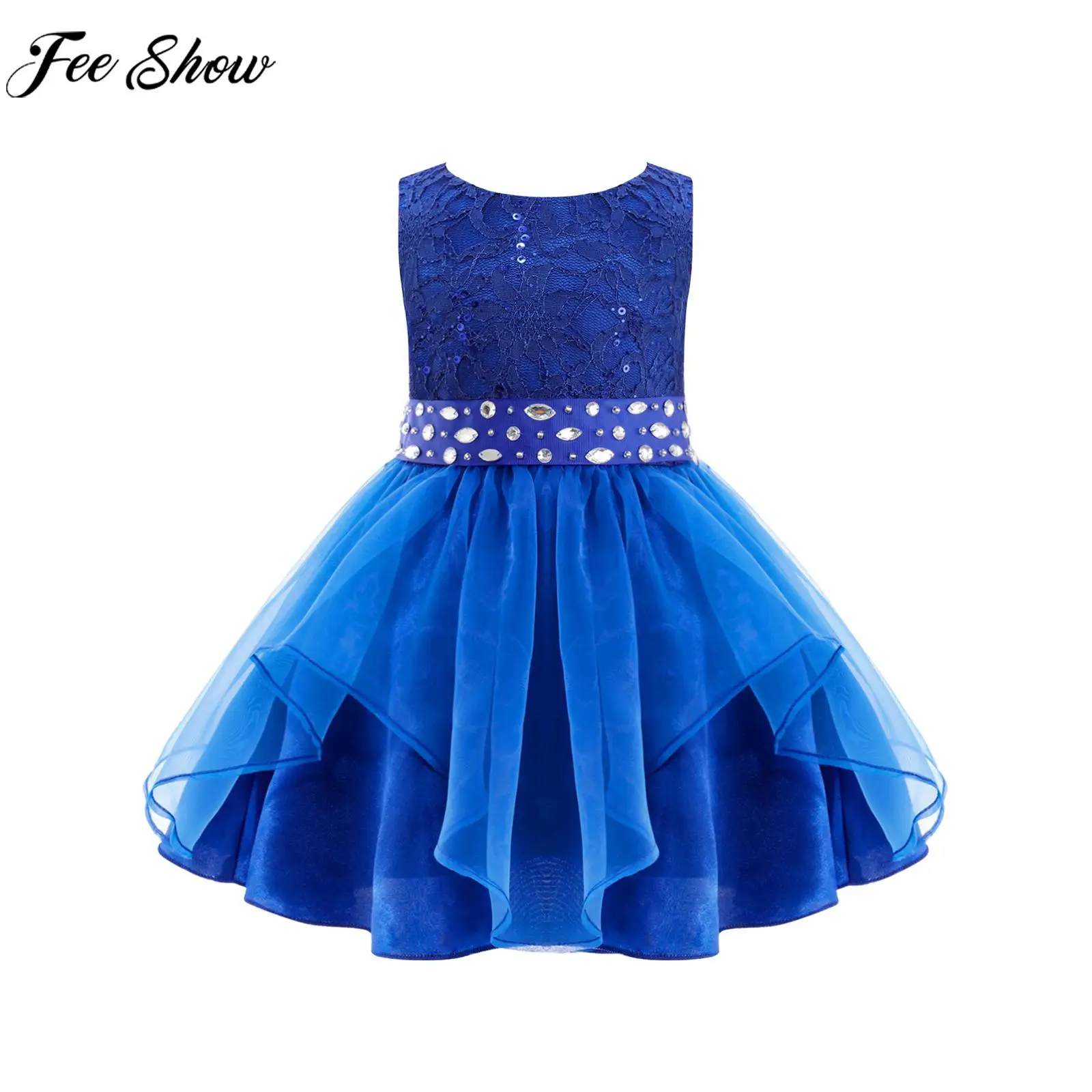 

Toddler Elegant Wedding Flower Girls Birthday Party Dress Sequin Lace Asymmetrical Hem Tutu Princess Dresses with Beaded Sash