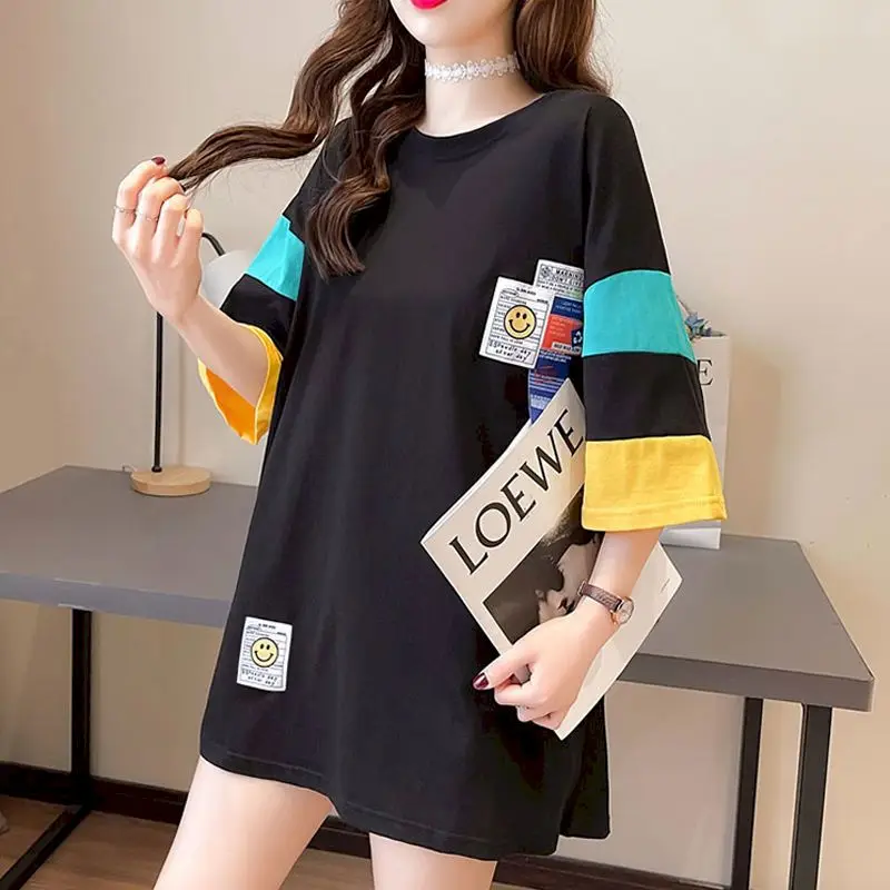 

Cotton Short-sleeved T-shirt Women Korean Style Stitching Tops Summer Loose Medium Long Niche Design T Shirt Womens Clothes 2022