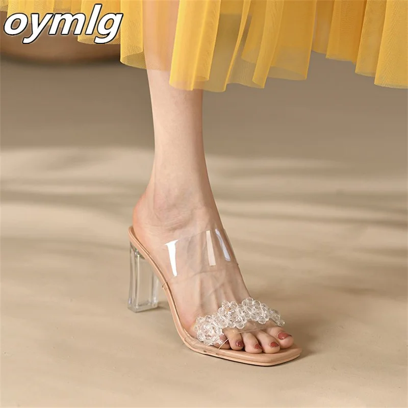 

High-heeled crystal pearl flower sandals 2022 summer new simple slip-toe crystal with temperament high-heeled slippers