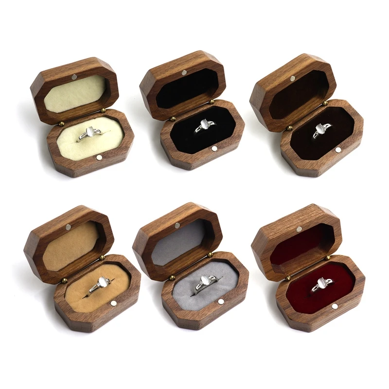 

D7WB Wedding Oval-shaped Solid Wood Ring Box Flannel Soft Inner Bag Jewelry Storage Bag Earrings Jewelry Wooden Proposal Gift