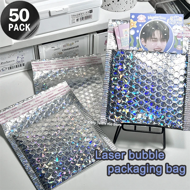 50 Holographic Mailers Material Pe + Pearl Film Laser Silver Waterproof Courier Filled Bubble Bags Packaging Bags for Shipping