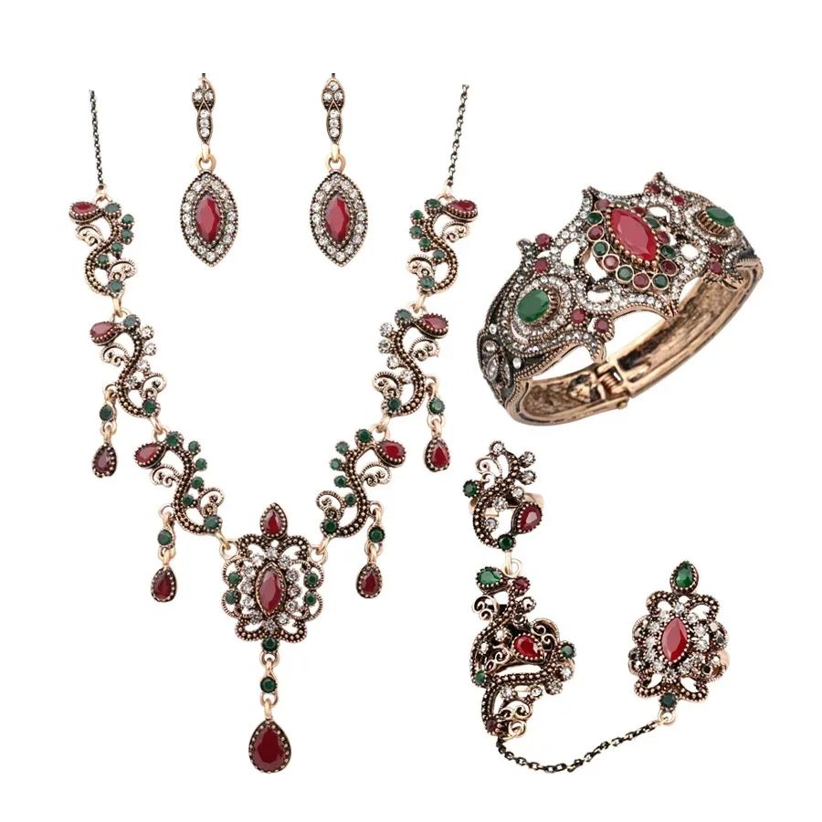 

4pcs Vintage Woman Jewelry Set Multicolor Color Hollow flowers Adjustable two-finger Necklace Jewelry Set