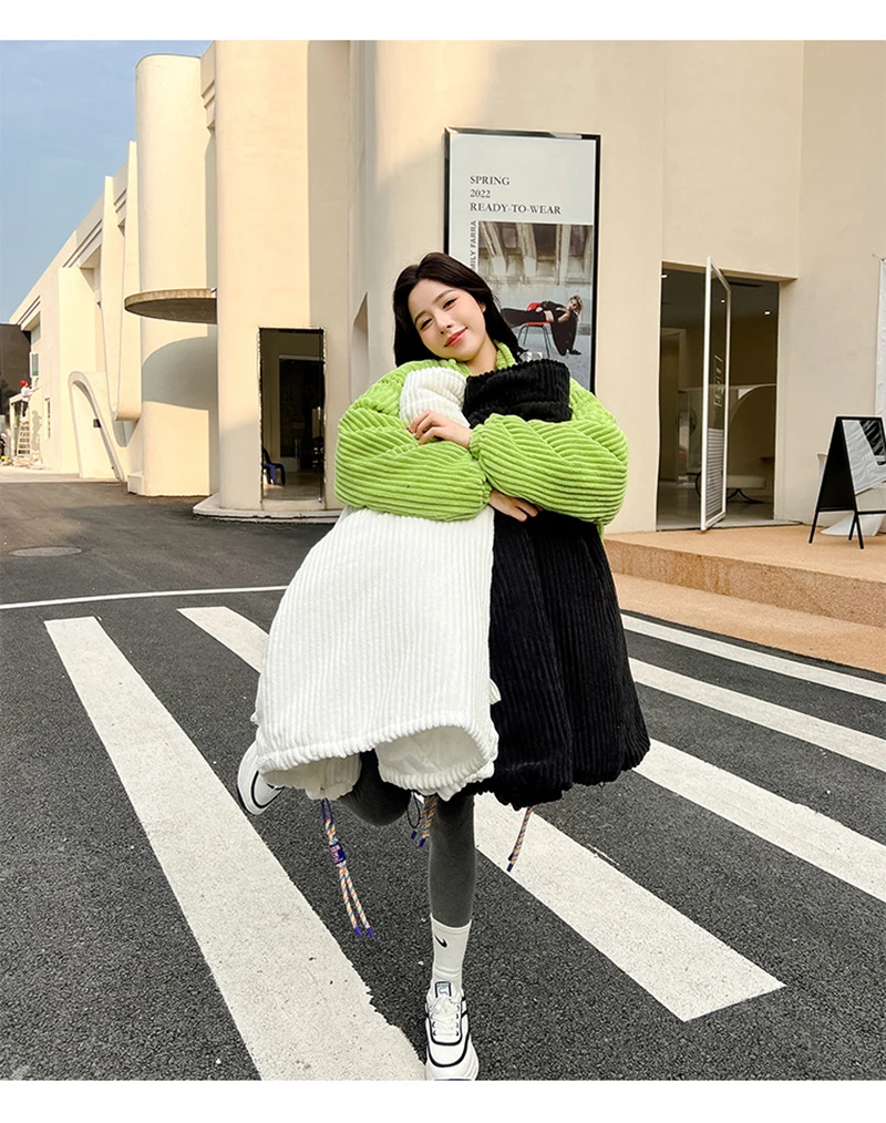 2022autumn Winter Down Cotton Coats Women Thick Warm Loose Tooling Corduroy Lovers Padded Jacket Famale Clothing Solid Parkas