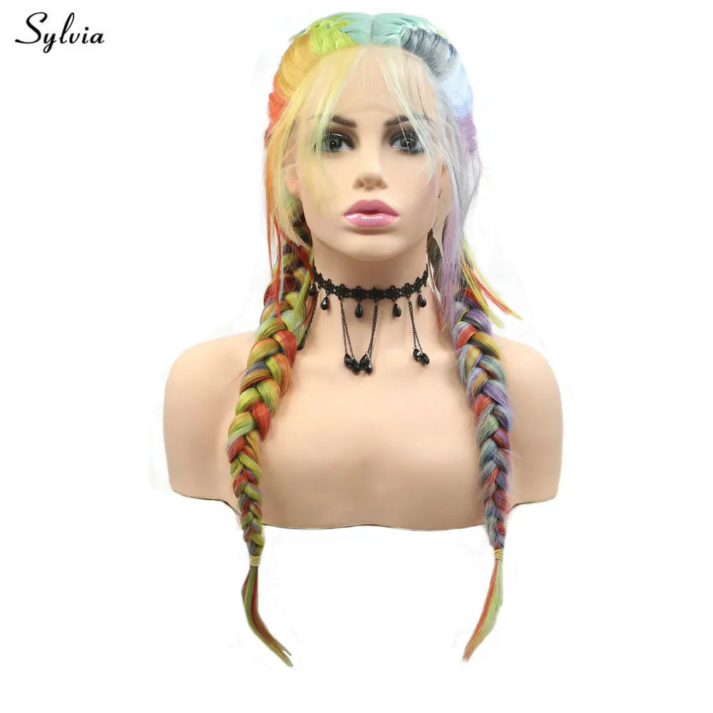 Sylvia Long Synthetic Lace Front Wigs for Women Braided Wigs Two Braids Wig Natural Hairline With Baby Hair Colorful Rainbow Wig