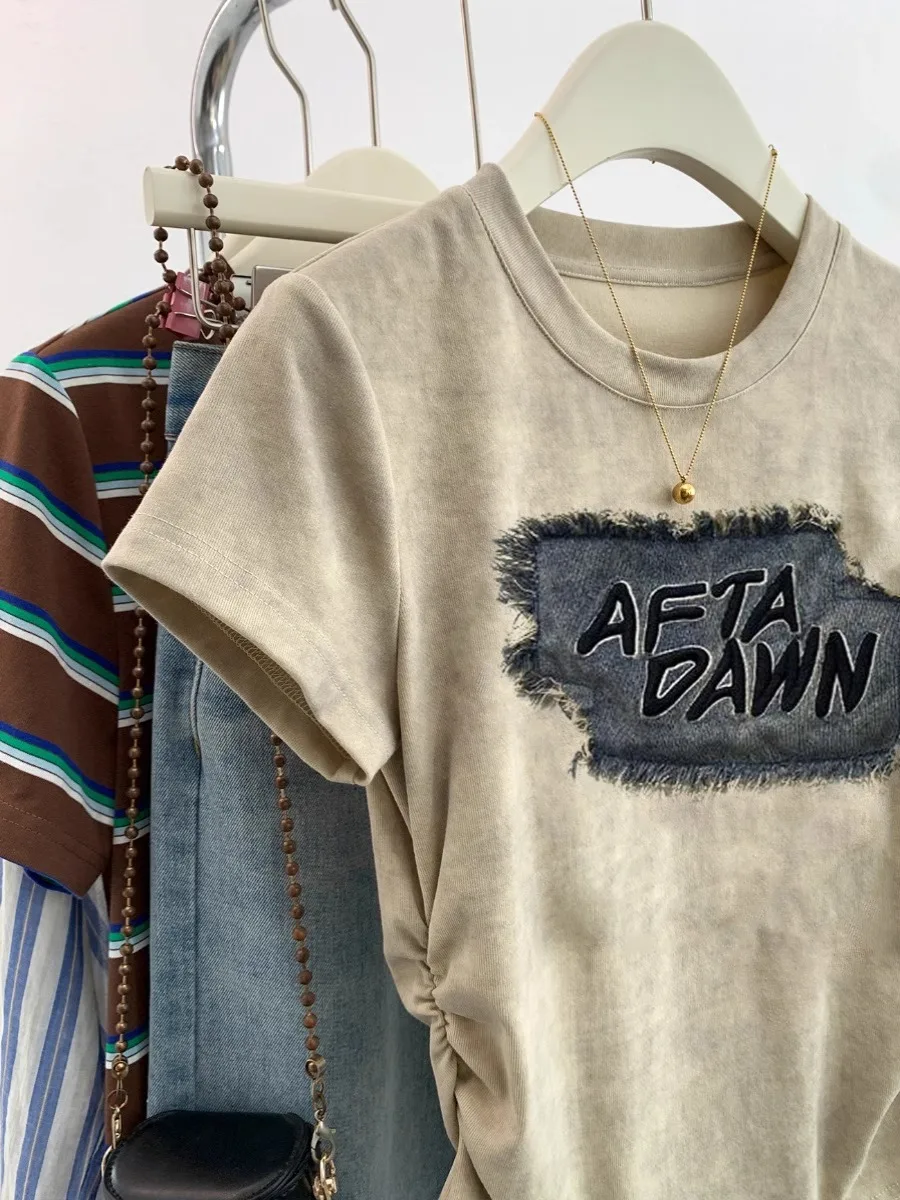 American vintage round Neck Short sleeve T-shirt Women 2024 Summer New Pure Desire Sle Gyaru Chic Small Top Ins