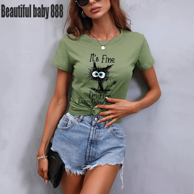 

Meqeiss Summer Women's Cat 3D Printed Tee Shirts Round Neck Tops Casual Style Fashionable Short Sleeves Various Colors Pullover