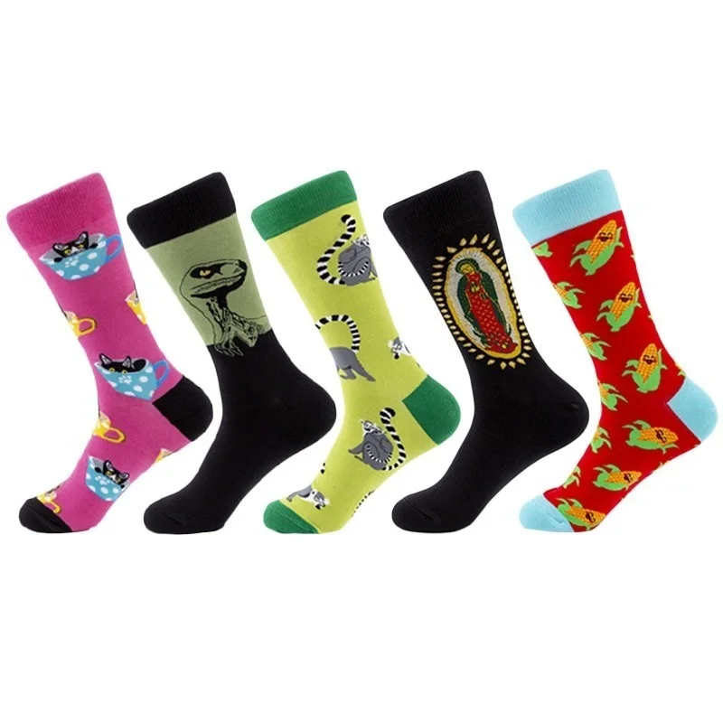 

Peonfly Happy Harajuku Funny Combed Cotton Dress Casual Wedding Colorful Cartoon Cat Dinosaur Novelty Socks Men