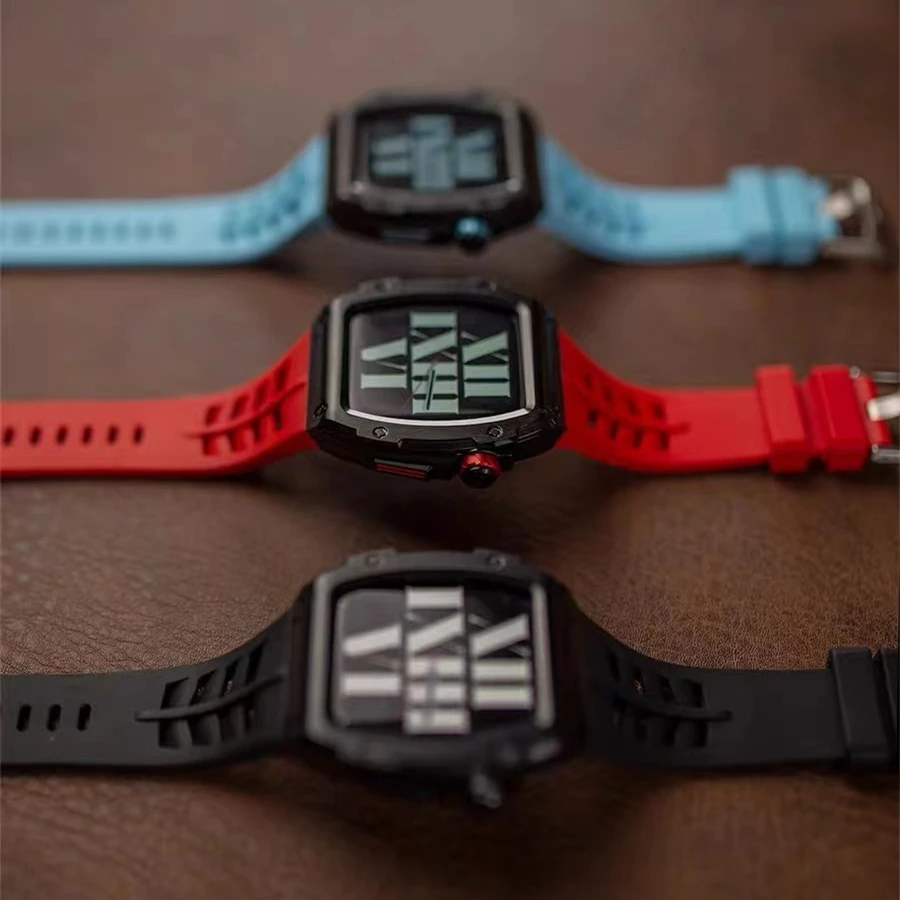 Luxury Modification Kit For Apple Watch Case 45mm 44mm Rubber Strap Aluminum Alloy Case for iWatch Series 7 6 SE 5 4 Accessories