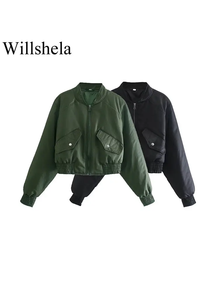

Willshela Women Fashion Solid Bomber Jackets Coat With Pockets Vintage V-Neck Front Zipper Female Chic Outwears