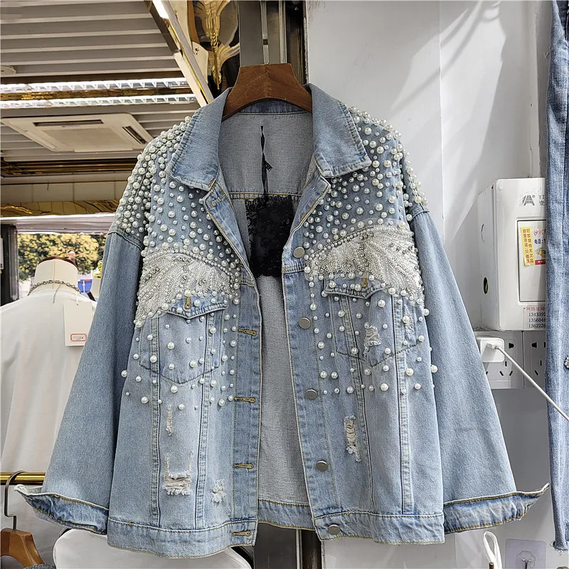 

Heavy Work Beading Diamonds Big Pocket Denim Jacket Women Loose Short Holes Cowboy Outerwear Vintage Blue Jeans Jacket Female