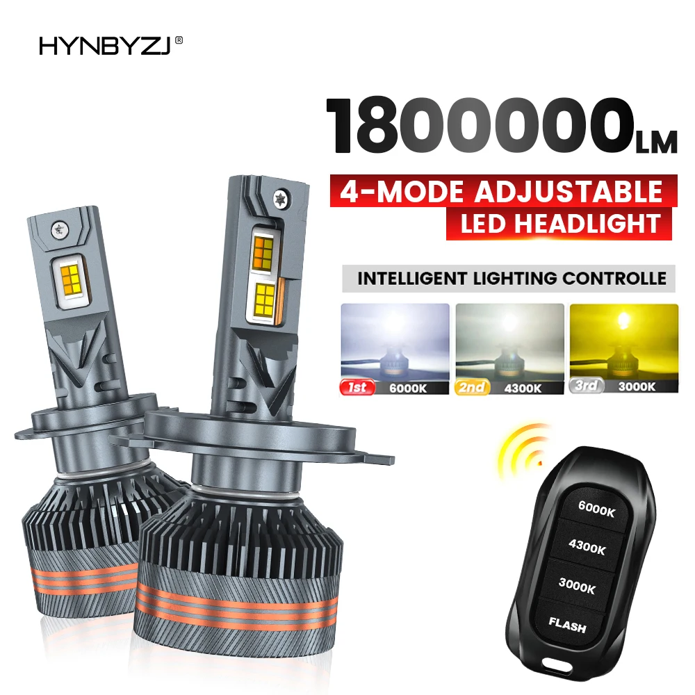 

HYNBYZJ H7 LED H11 9005 HB3 9006 HB4 9012 H4 6000K 4300K 3000K Светодиодная лампа с трехцветным пультом дистанционного управления для автомобильных фар 12 В