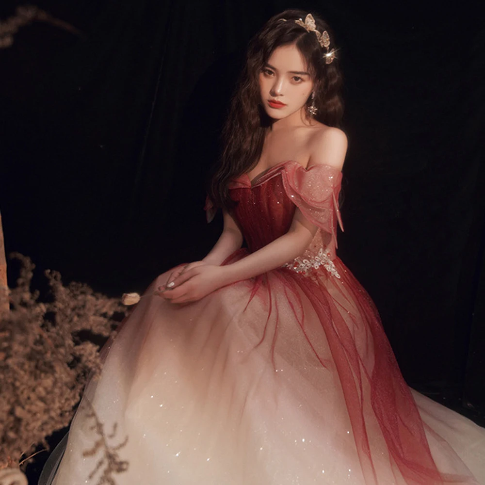 Burgundy 2022 new banquet temperament evening dresses thin shoulder evening dresses graduation dresses women young fashion