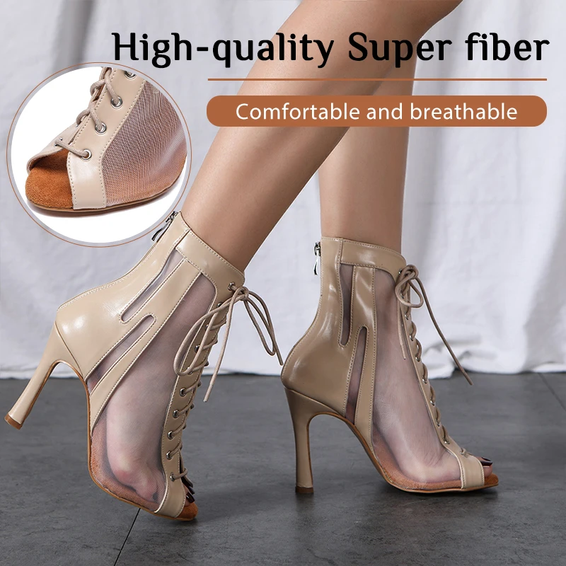 Hipposeus Black Latin Dance Shoes Woman Ladies High Heels Tansparent Mesh Kizomba Training Stage Performance Bachata