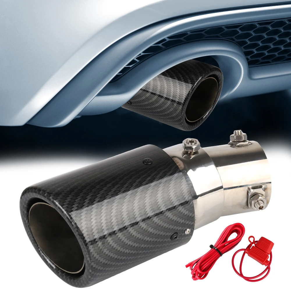 Universal Car Modified Car Exhaust Muffler Pipe 63-65mm Inlet Carbon Fiber Tail pipes With Red/Blue LED Flaming Luminous