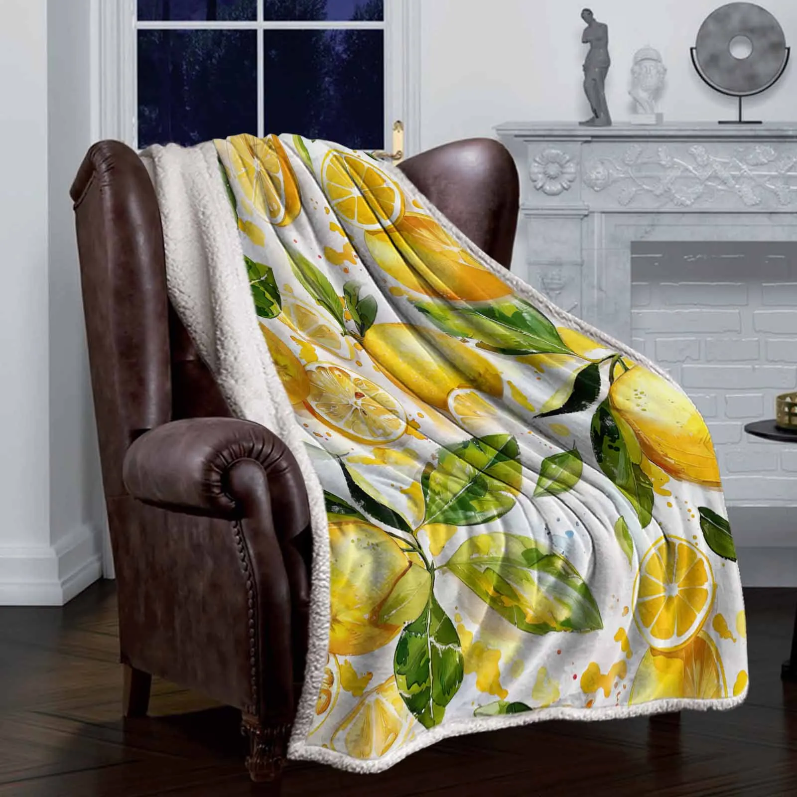 Кашемировое одеяло с листьями лимона акварелью теплые зимние мягкие пледы