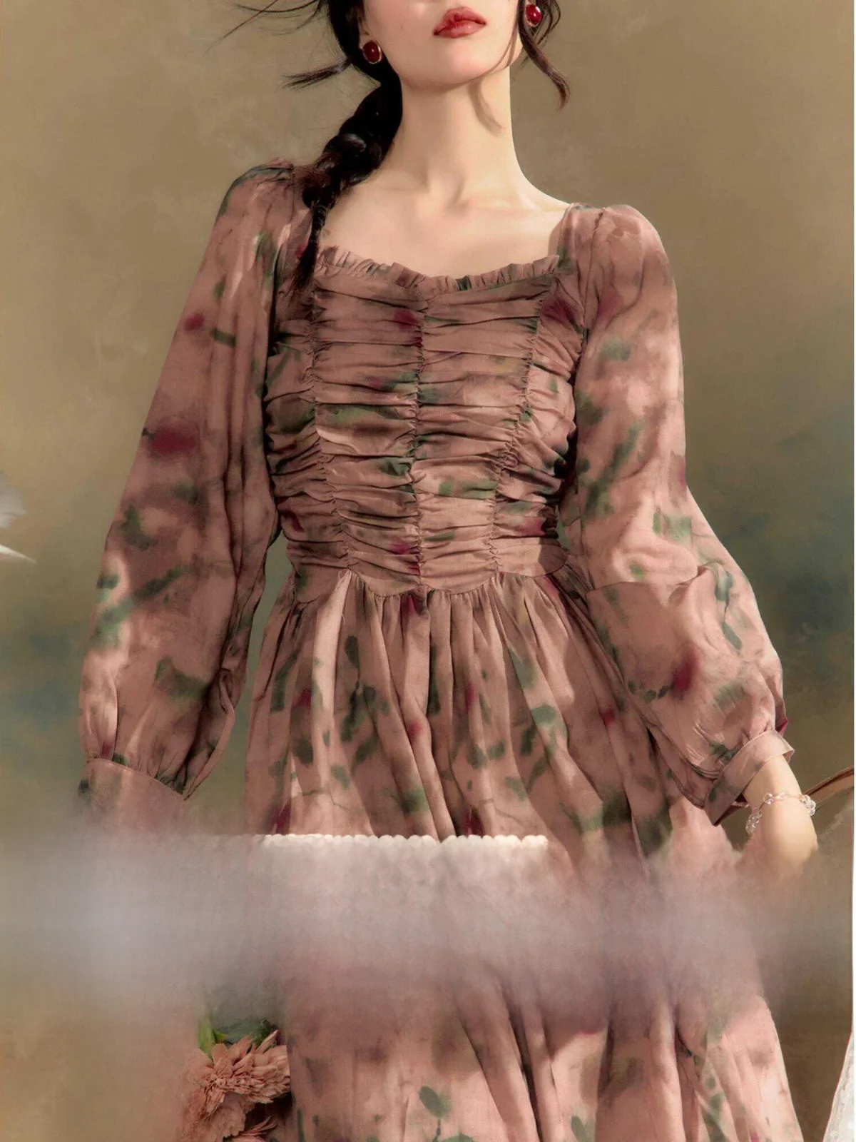 Джо и цветочная бутылка | Осеннее новое французское платье с квадратным