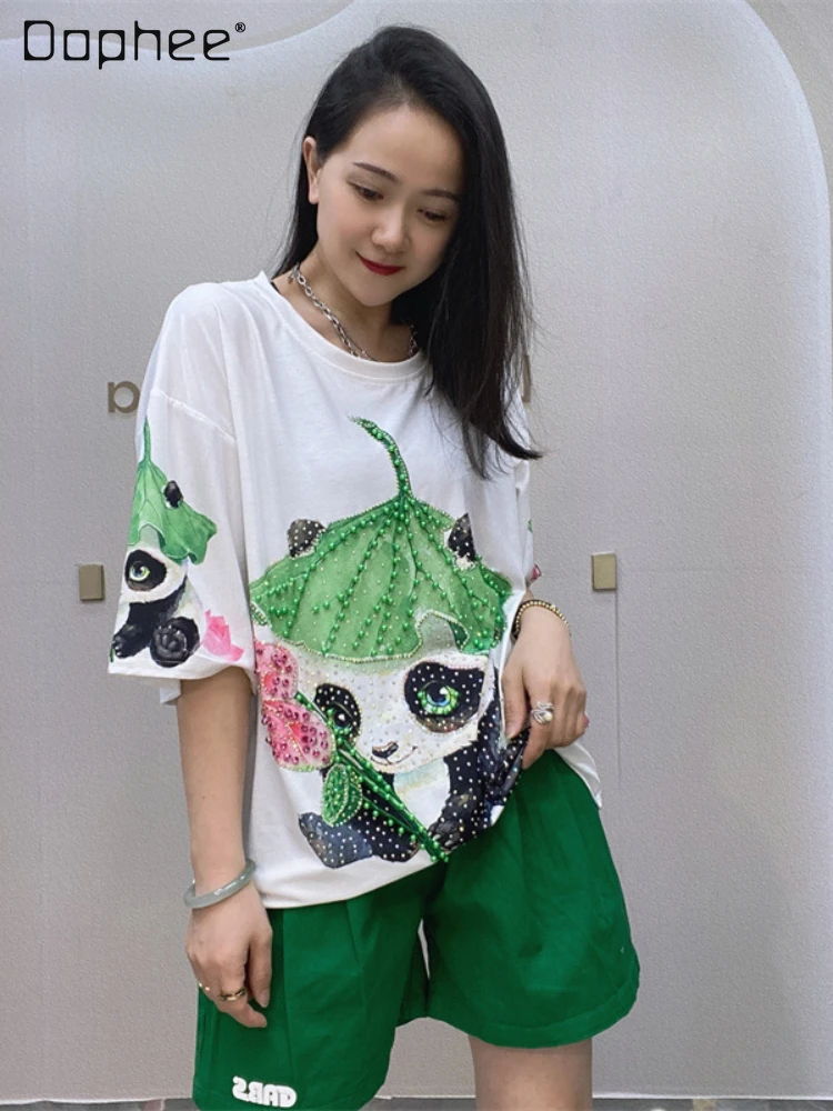 

Summer Blouse for Women 2022 New Round Neck Pullover Short Sleeve Tee Top Beaded Green Half-Sleeve T-shirts Woman Clothing