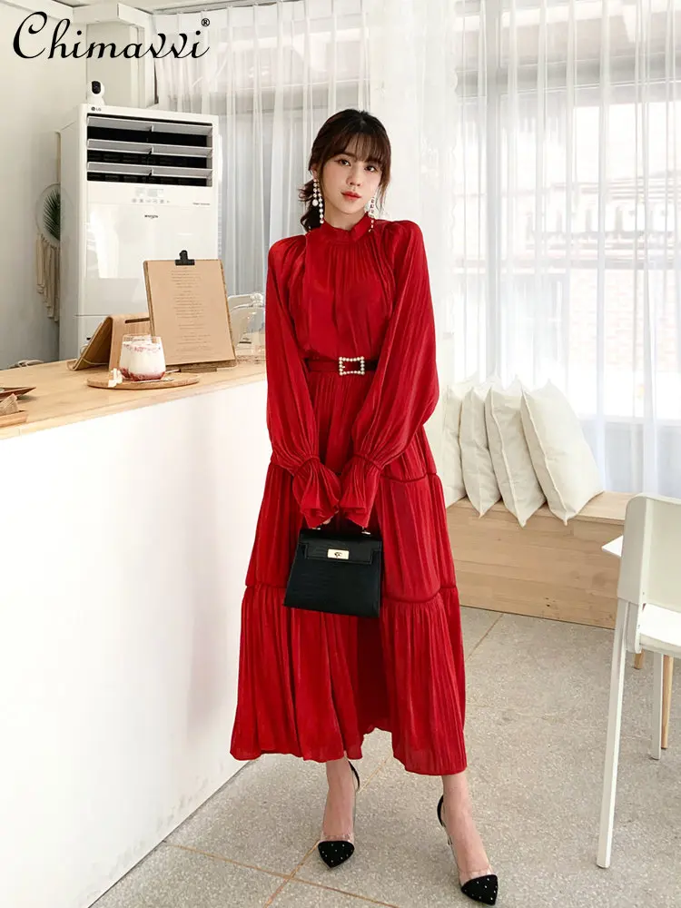 

Women's New Light Luxury Long-Sleeved Dress Fashionable Pearl Belt Satin Socialite Red Banquet Temperament Mid-length Dresses