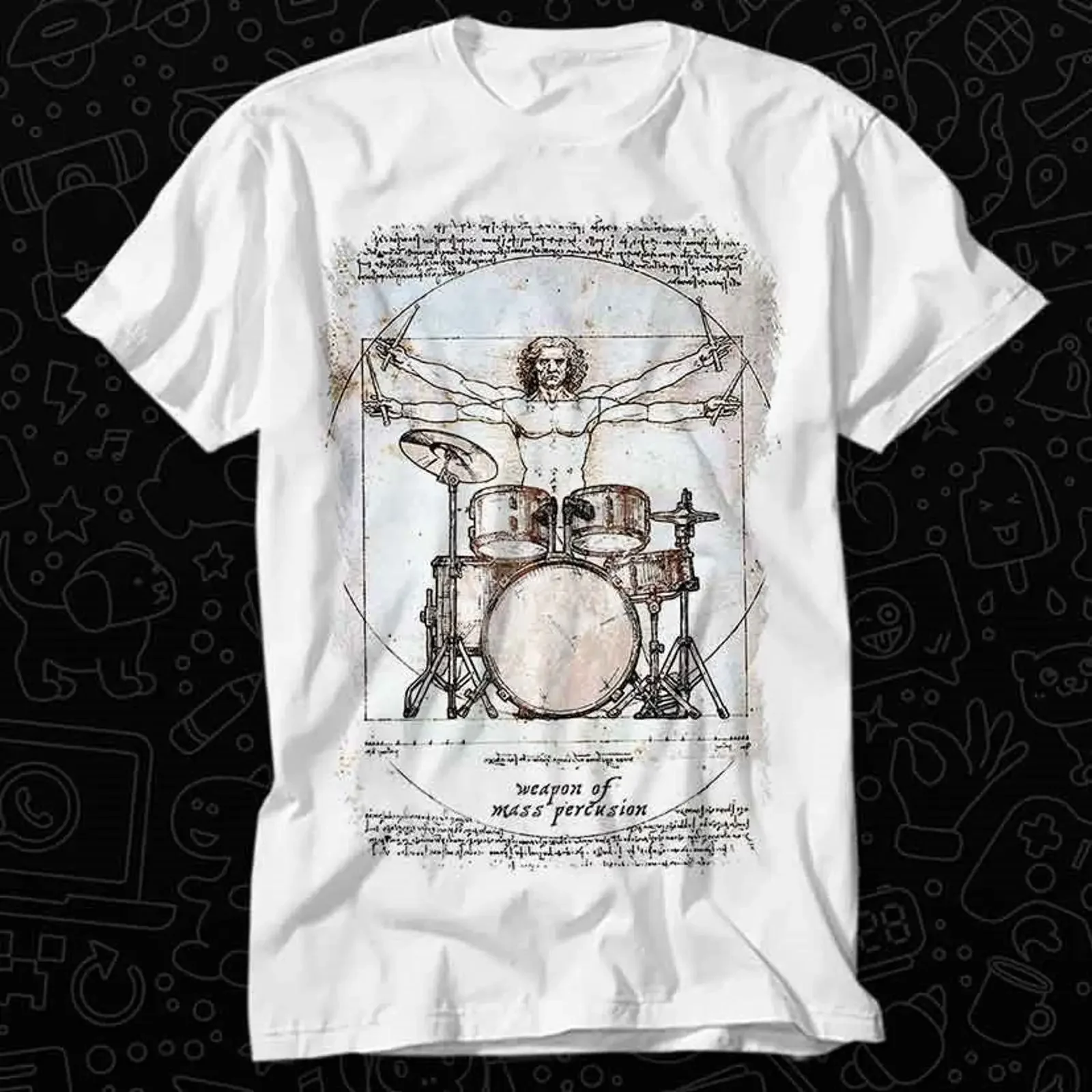 Фото Футболка с забавной надписью Drums Da Vinci Hilarious Drummer, бестселлер, для взрослых, с музыкальной тематикой, OZ551, винтажная, с эффектом потертости, дышащая №1