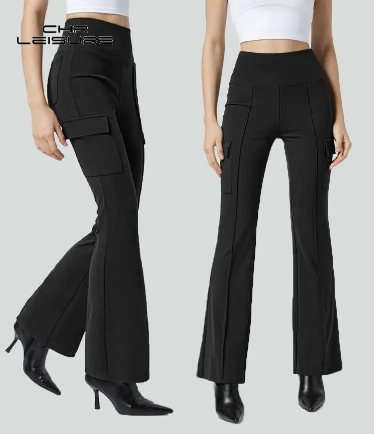 

CHRLEISURE Pockets Fashion Flared Pants Woman Casual Skinny Stretch Gym Pants Exercise High Waist Black 2Piece Flare Leggings