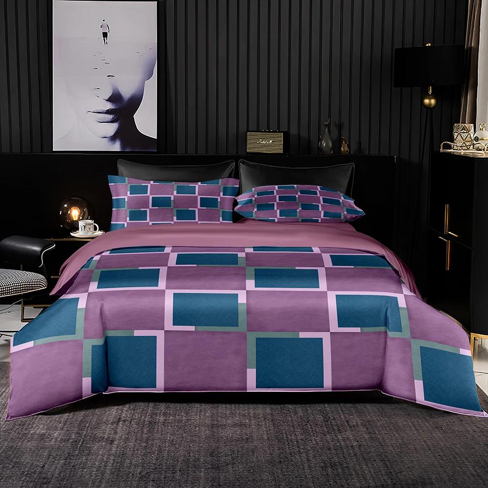 Light Purple Bedding Set Well Made Duvet Cover Dark Blue Lattice Pattern for Queen King Size Home Textiles with Pillowcase | Дом и сад