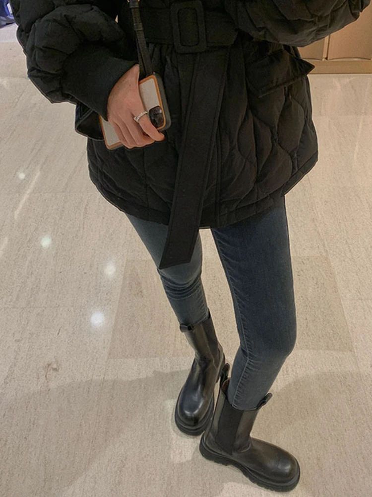2022 Winter Thick Cotton Padded Coats Women Single-Breasted Zippers Lace-Up Female Parkas Stand Collar Female Jackets Outwear