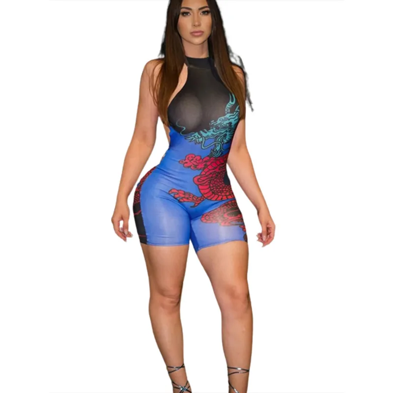2023 Summer New Women's Fashion Hanging Neck Sexy Off Back Slim Fit Printed Contrast Color Jumpsuit